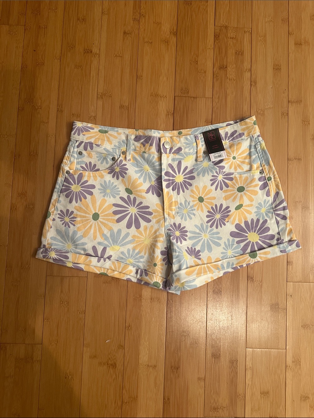 No Boundaries Daisy Print Jean Shorts - Purple, Yellow & Light Blue
